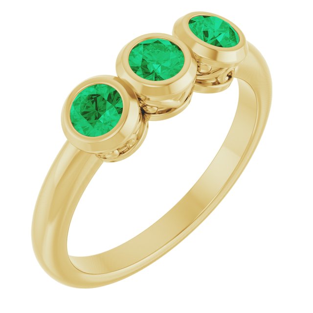 14K Yellow Lab-Grown Emerald Three-Stone Bezel-Set Ring    